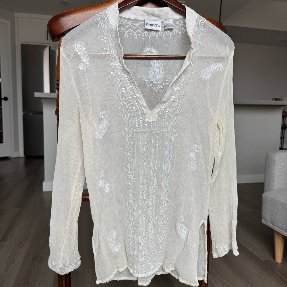 Chico’s 100% Silk Embroidered Boho Tunic Blouse Paisley Ivory Size 1 S/M Resort